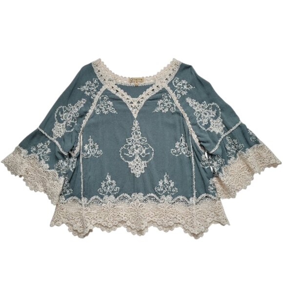 Democracy Embroidered Lace Bell Sleeve Top Boho Peasant Cottagecore Medium - Picture 1 of 12